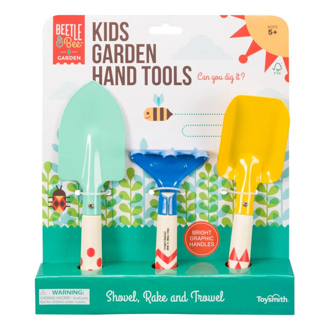 kids garden tools set in a colorful package with shovel, rake, and trowel