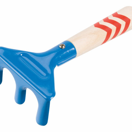 blue kids rake with wood handle and red decorative accents