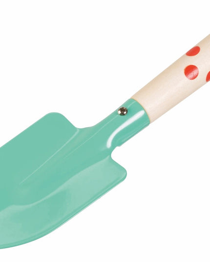 mint kids trowel with wood handle and red decorative accents