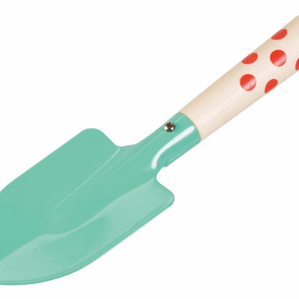 mint kids trowel with wood handle and red decorative accents