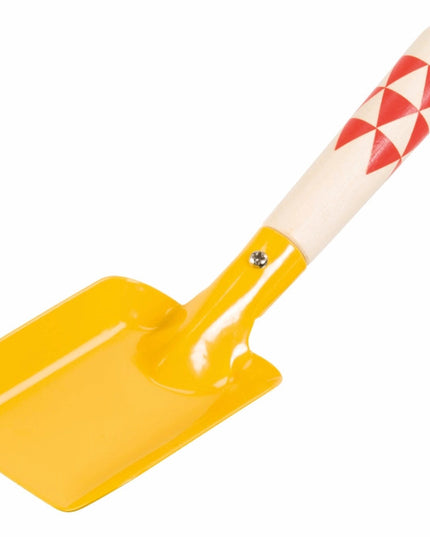 yellow kids shovel with wood handle and red decorative accents