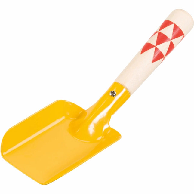 yellow kids shovel with wood handle and red decorative accents
