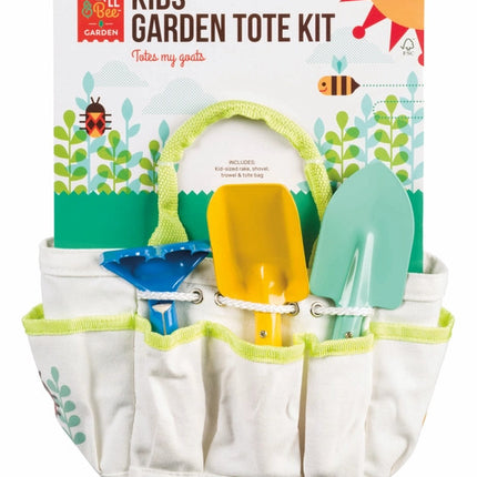 Kids Garden Tote in package showing white tote filled with trowel, shovel, and rake