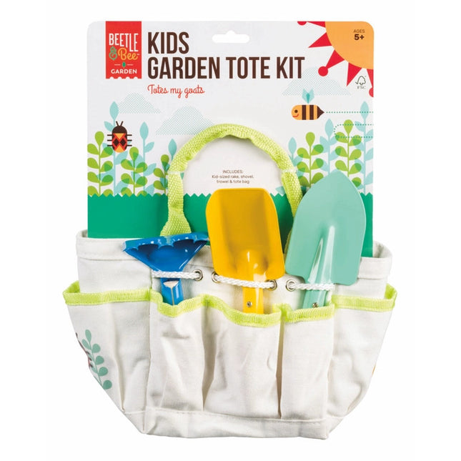 Kids Garden Tote in package showing white tote filled with trowel, shovel, and rake