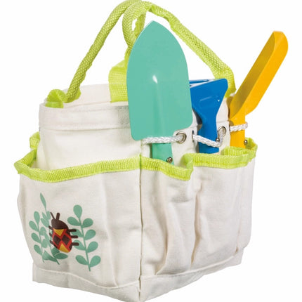 Kids Garden Tote from a side angle showing cute insect illustration with leaves