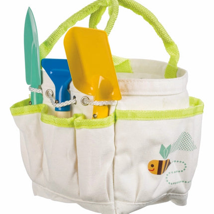 Kids Garden Tote from other side angle showing cute bee illustration