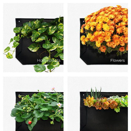 a graphic showing 4 pockets filled with different plants to show the planter's versatility: Houseplants, Flowers, Edibles, and Succulents