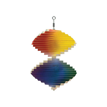 The image shows a colorful rainbow wind spinner with multiple layers of vibrant, concentric circles that rotate in the wind.